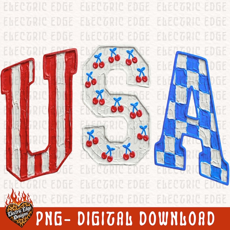 May include: A digital download graphic featuring the letters "USA" in a patriotic design. The "U" is red and white striped, the "S" is white with red cherries, and the "A" is blue and white checkered. The text "PNG - DIGITAL DOWNLOAD" is also included.