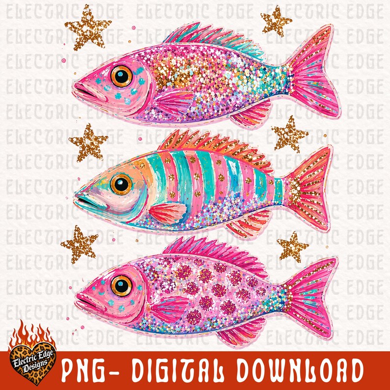 Puede incluir: Tres ilustraciones de peces coloridos con detalles de purpurina y estrellas. Los peces est&aacute;n pintados en tonos rosa, turquesa y naranja. Incluye el texto "PNG - DIGITAL DOWNLOAD".
