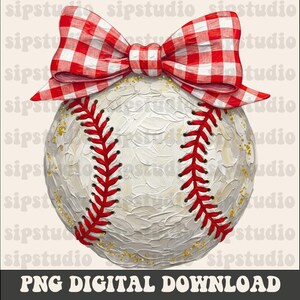 Peut inclure: Une balle de baseball avec des coutures rouges et un n&oelig;ud en vichy rouge et blanc. La balle a une surface blanche textur&eacute;e avec des paillettes dor&eacute;es. Le texte "PNG DIGITAL DOWNLOAD" est en bas.