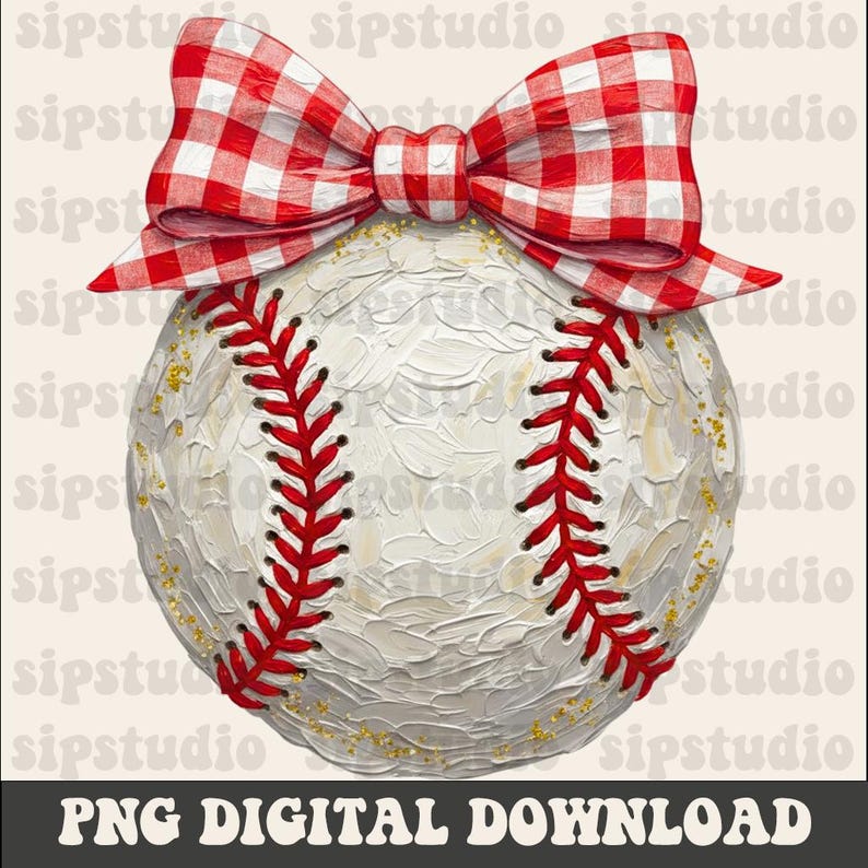 Peut inclure: Une balle de baseball avec des coutures rouges et un n&oelig;ud en vichy rouge et blanc. La balle a une surface blanche textur&eacute;e avec des paillettes dor&eacute;es. Le texte "PNG DIGITAL DOWNLOAD" est en bas.
