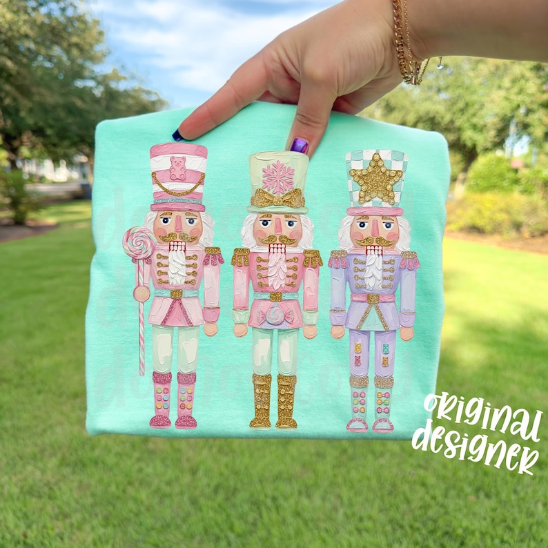 Preppy Nutcrackers Trio PNG, Candy Themed Hand-Painted Digital Download, Christmas Shirt, Sublimation and DTF, Girly Trendy Holiday image 1