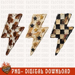 May include: Three decorative lightning bolt designs. One features a brown and white pattern, another has gold and black stars, and the third has a black and white checkered pattern. The text "PNG - DIGITAL DOWNLOAD" is at the bottom.