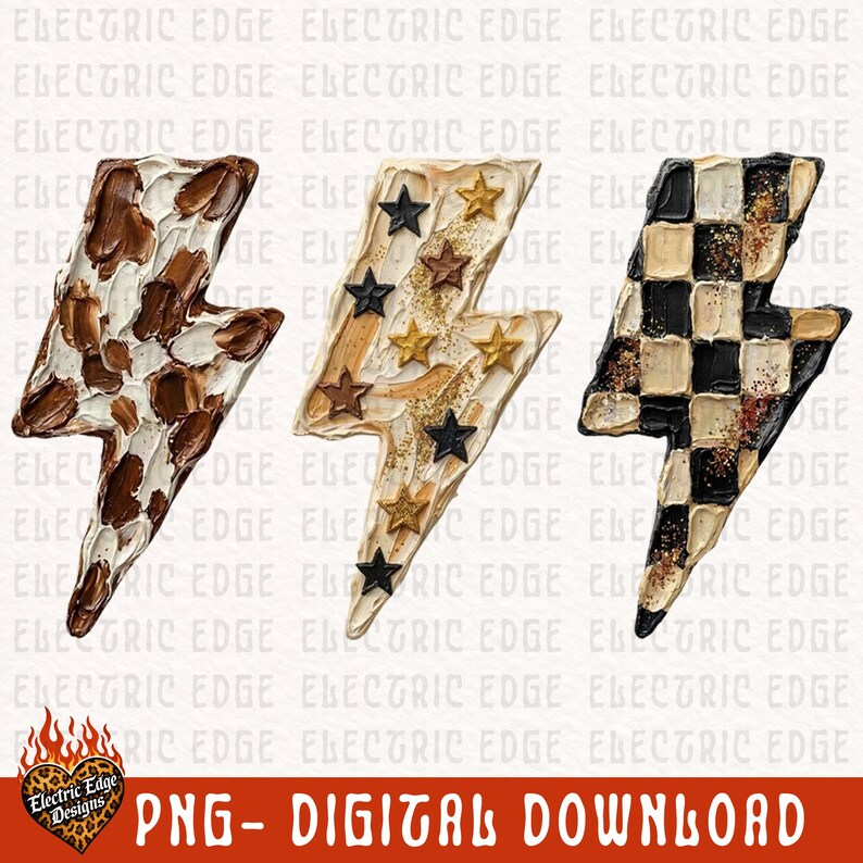 May include: Three decorative lightning bolt designs. One features a brown and white pattern, another has gold and black stars, and the third has a black and white checkered pattern. The text "PNG - DIGITAL DOWNLOAD" is at the bottom.
