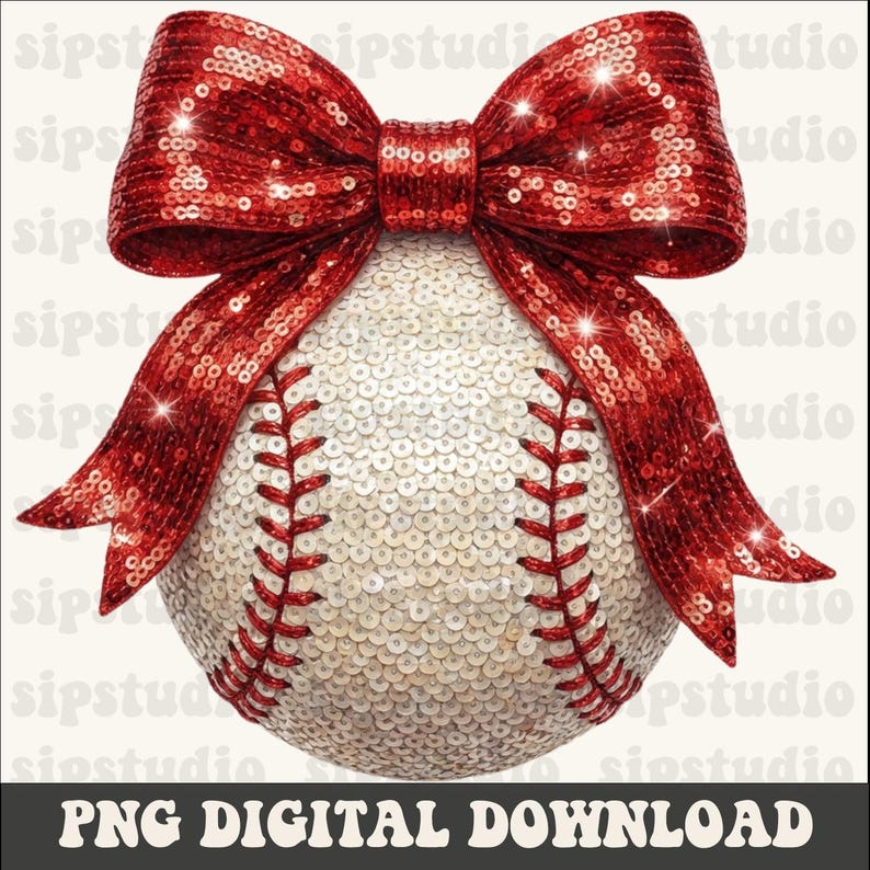 May include: A baseball with white sequins and red stitching, adorned with a large red sequined bow. The image has the text "PNG DIGITAL DOWNLOAD" at the bottom.