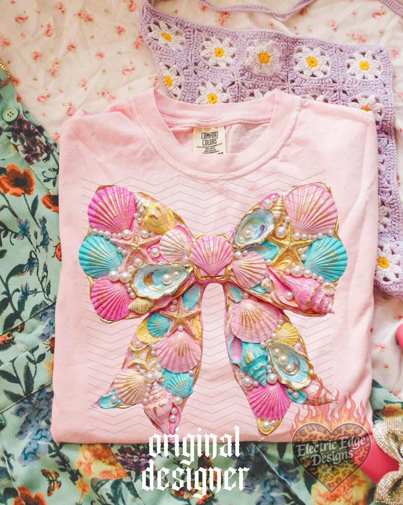 Seashell Coquette Bow PNG | Digital Download | Coastal Pearl Design | Sublimation and DTF | Preppy Beach Aesthetic | Trendy Summer Shirt image 4
