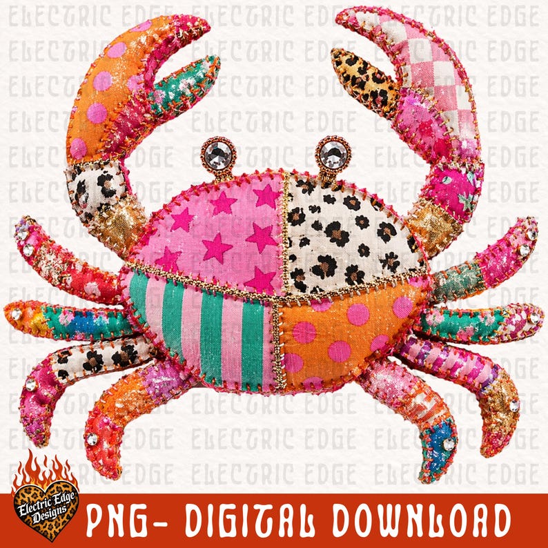 May include: A colorful crab design with patchwork patterns, including stars, polka dots, and animal prints. The crab's claws and body feature a variety of textures and colors, with rhinestone accents. The image includes the text "PNG - DIGITAL DOWNLOAD".