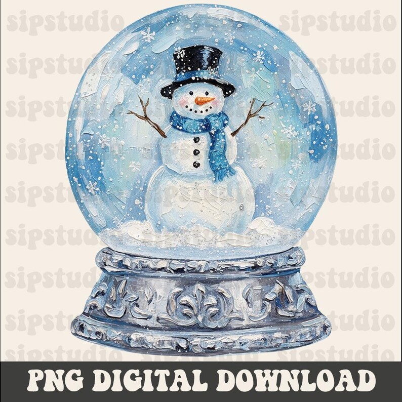 May include: A watercolor-style snow globe featuring a snowman with a black top hat, blue scarf, and twig arms. The globe has a blue background with snowflakes and sits on a decorative silver base. The text "PNG DIGITAL DOWNLOAD" is at the bottom.