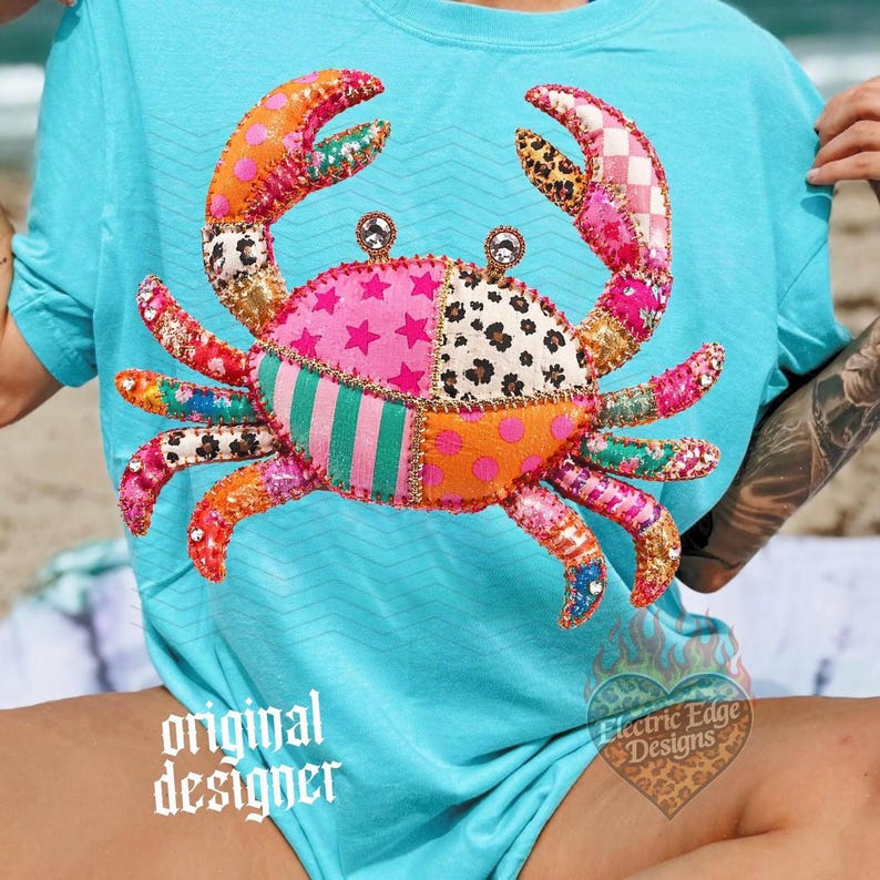 Patchwork Preppy Crab PNG | Summer Digital Download | Coastal Maximalist Design | Sublimation DTF | Girly Beach Shirt | Boutique image 1