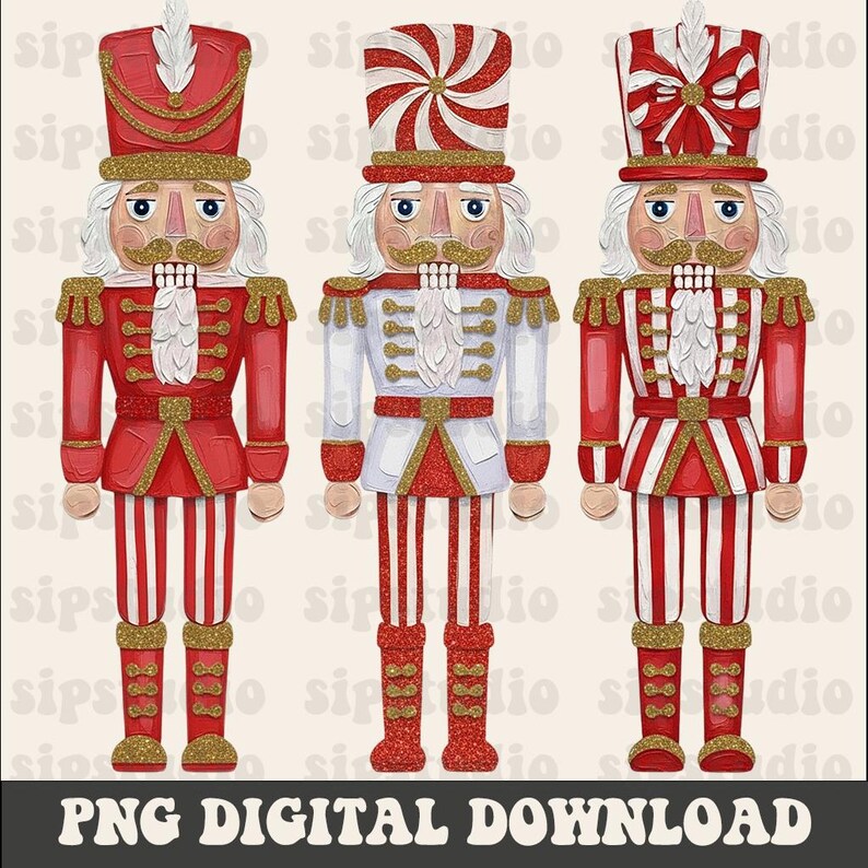 May include: Three digital illustrations of nutcracker soldiers in red, white, and gold. Each nutcracker has a unique hat design and uniform. The image includes the text "PNG DIGITAL DOWNLOAD" at the bottom.