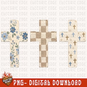 May include: Three cross-shaped designs on a white background. The first cross features blue flowers and green leaves. The second cross has a beige and white checkered pattern. The third cross displays a pattern of small blue and gold crosses.
