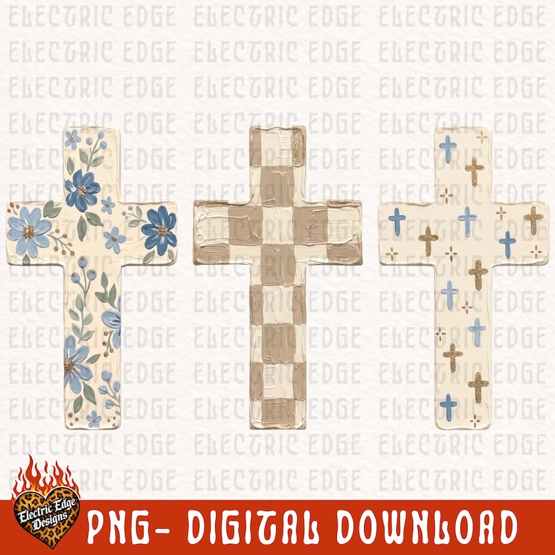May include: Three cross-shaped designs on a white background. The first cross features blue flowers and green leaves. The second cross has a beige and white checkered pattern. The third cross displays a pattern of small blue and gold crosses.