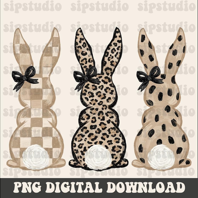 May include: Three decorative Easter bunny figures with different patterns: checkered, leopard print, and polka dots. Each bunny has a black bow and a white fluffy tail. The image includes the text "PNG DIGITAL DOWNLOAD".
