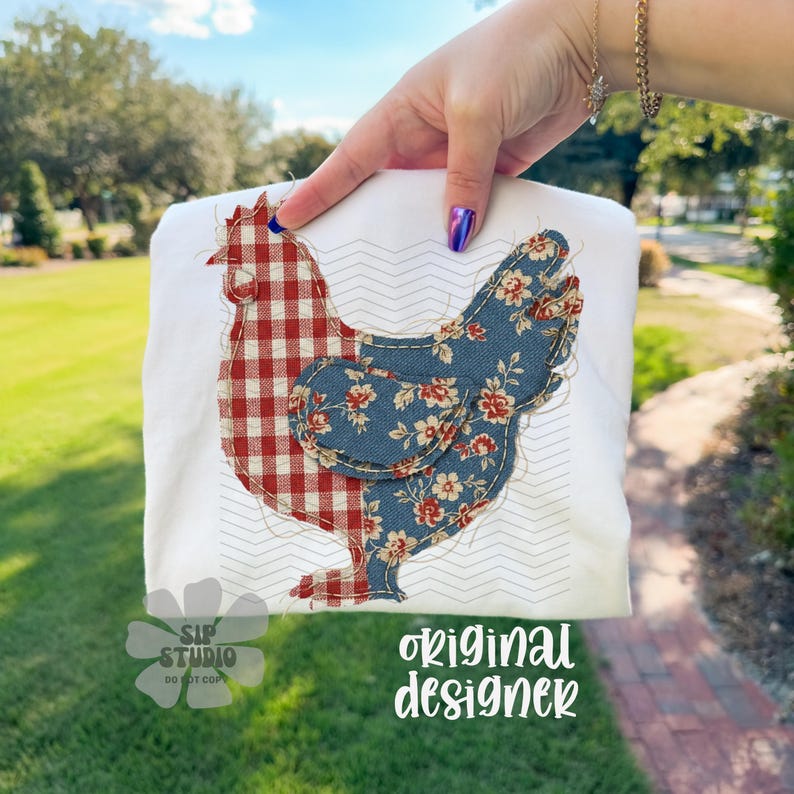 May include: White t-shirt featuring a patchwork chicken design. The chicken's head is red and white checkered, while the body is blue floral. The shirt has the text "SIP STUDIO DO NOT COPY" and "original designer".