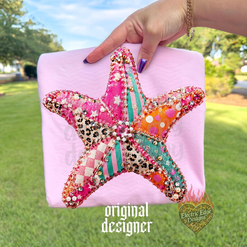 May include: A decorative starfish with a patchwork design in pink, orange, green, and leopard print patterns. The starfish is embellished with beads and sequins. The text "original designer" is visible.