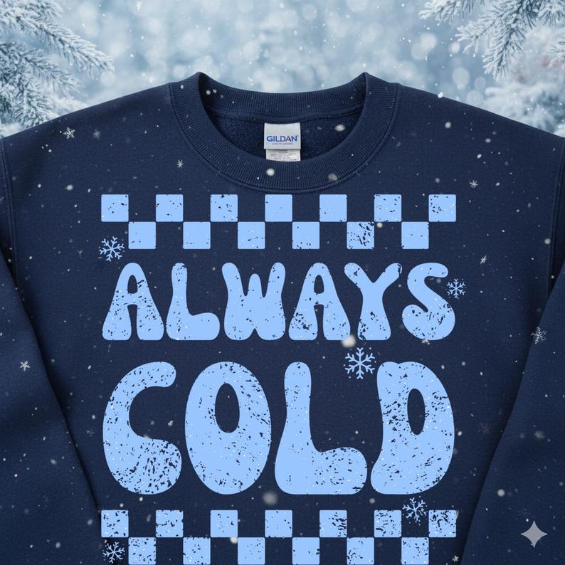 May include: Navy blue sweatshirt with the words "ALWAYS COLD" in light blue, with a checkered pattern above and below the text. The sweatshirt has a crew neck and a tag that says "GILDAN".