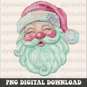 May include: A whimsical illustration of Santa Claus with a pink hat and rosy cheeks. His beard is a soft mint green, and his eyes are closed in a peaceful expression. The image has a textured, painted appearance, with the text "PNG DIGITAL DOWNLOAD" at the bottom.
