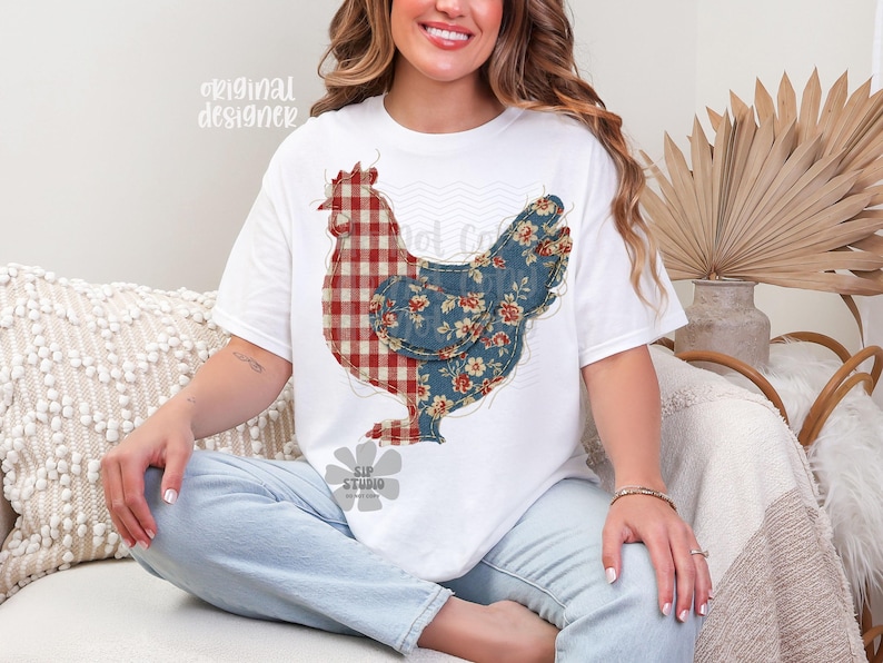 May include: White t-shirt featuring a patchwork chicken design. The chicken's body is split, with one half in a red and white plaid pattern and the other in a blue floral print. The text "original designer" is printed on the top left.