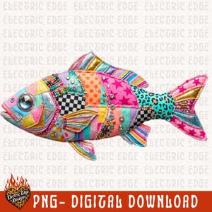 May include: A colorful patchwork fish design with various patterns, including stars, polka dots, and checkered squares. The fish features a large, jeweled eye and is adorned with rhinestones. The image includes the text "PNG - DIGITAL DOWNLOAD".