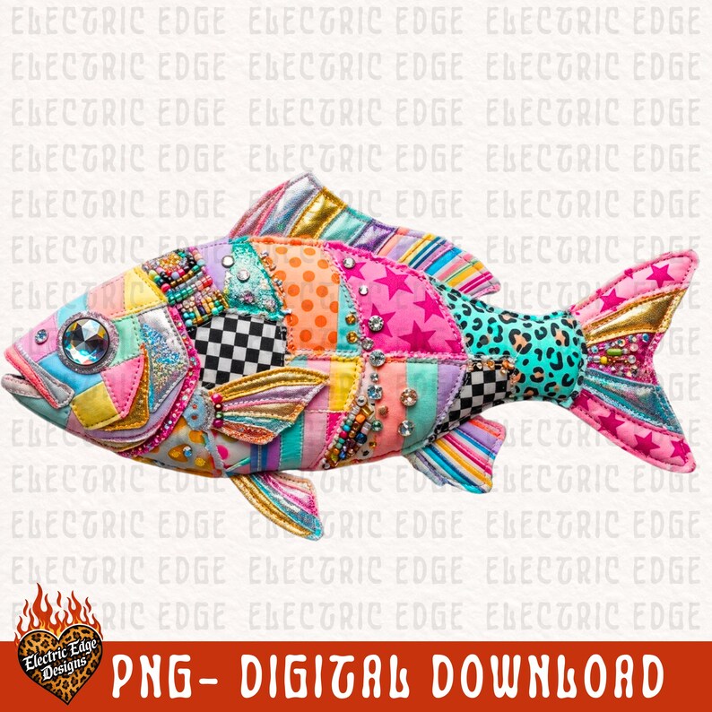 May include: A colorful patchwork fish design with various patterns, including stars, polka dots, and checkered squares. The fish features a large, jeweled eye and is adorned with rhinestones. The image includes the text "PNG - DIGITAL DOWNLOAD".