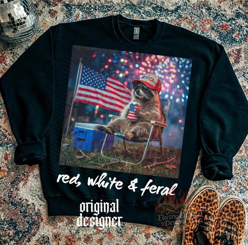 May include: Black sweatshirt featuring a raccoon wearing a red hat with "MERICA" on it, holding a can with a US flag design. The image includes an American flag, fireworks, and the text "red, white & feral" and "original designer".