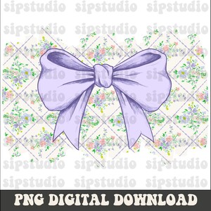 May include: A digitally drawn, light purple bow with detailed shading. The bow is centered over a floral and diamond patterned background. The text "PNG DIGITAL DOWNLOAD" is at the bottom.