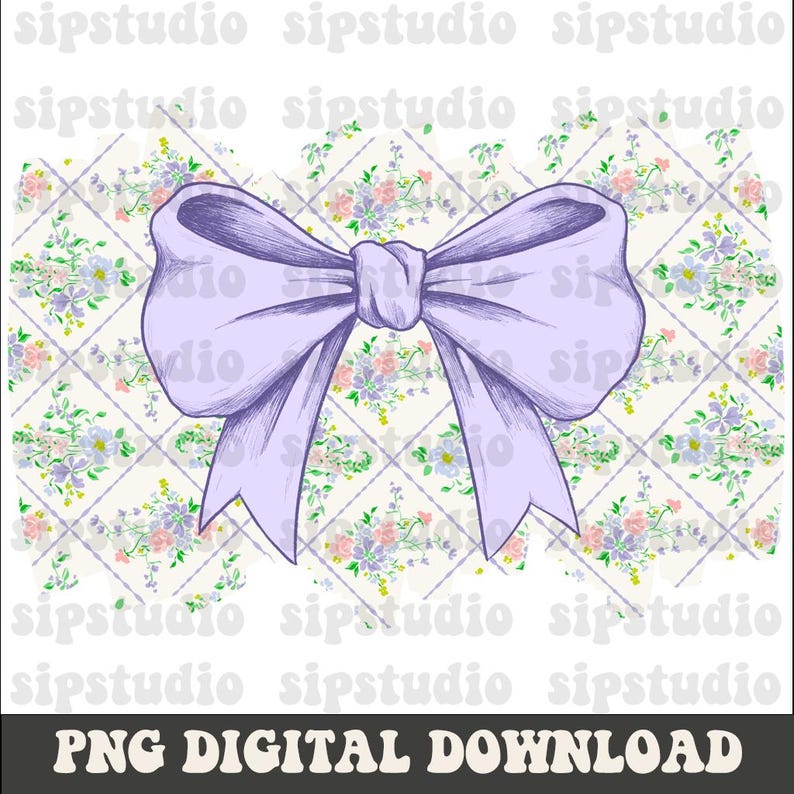 May include: A digitally drawn, light purple bow with detailed shading. The bow is centered over a floral and diamond patterned background. The text "PNG DIGITAL DOWNLOAD" is at the bottom.