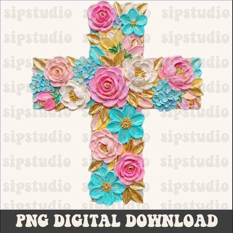 May include: A decorative cross adorned with sculpted flowers in shades of pink, blue, and white, with gold accents. The cross is covered in roses, hydrangeas, and other floral elements. The text "PNG DIGITAL DOWNLOAD" is at the bottom.