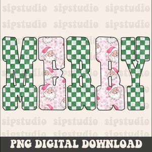 May include: A digital design featuring the word "MERRY" in large, block letters. The letters "M", "R", and "Y" are green and white checkered, while "E" and "R" are filled with a pink pattern of Santa Claus faces and snowflakes. The text "PNG DIGITAL DOWNLOAD" is at the bottom.