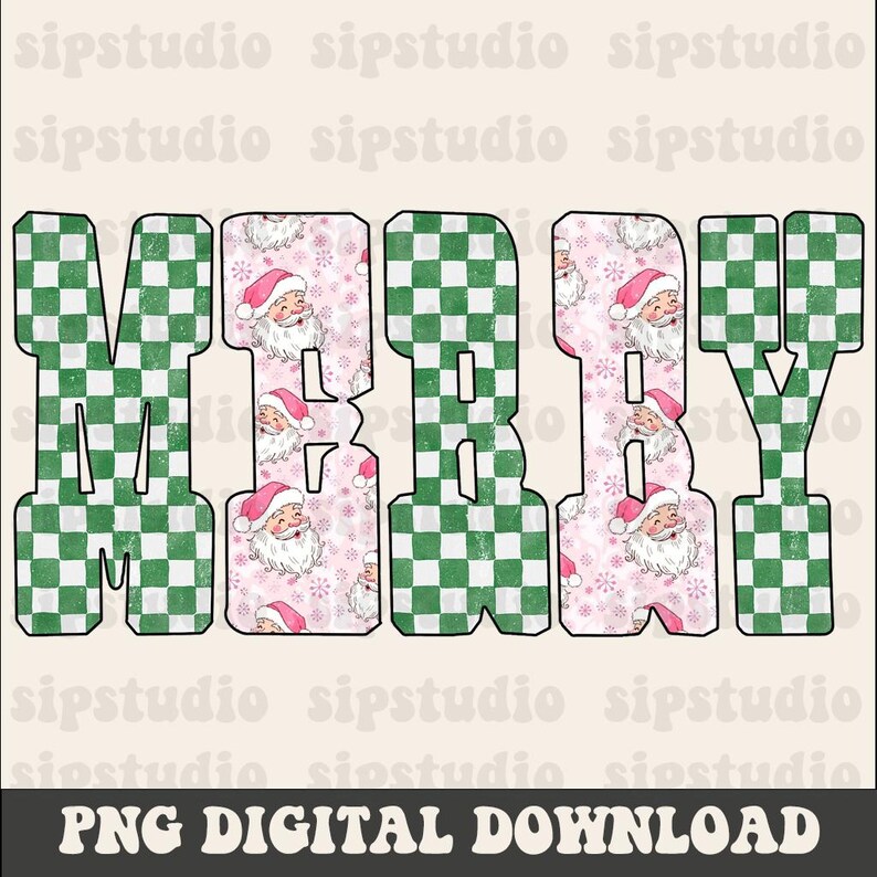May include: A digital design featuring the word "MERRY" in large, block letters. The letters "M", "R", and "Y" are green and white checkered, while "E" and "R" are filled with a pink pattern of Santa Claus faces and snowflakes. The text "PNG DIGITAL DOWNLOAD" is at the bottom.