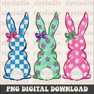 May include: Three Easter bunny illustrations. The first is blue and white checkered with a pink bow. The second is green with purple flowers and a purple bow. The third is pink with white polka dots and a green bow. The text "PNG DIGITAL DOWNLOAD" is at the bottom.