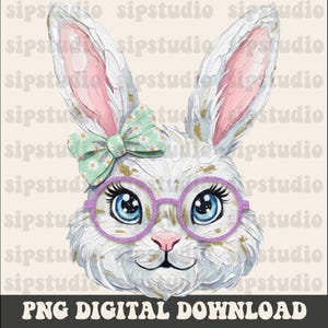 May include: A digital illustration of a white bunny with blue eyes, wearing purple glasses and a green bow. The bunny has gold glitter accents and pink inner ears. Text at the bottom reads "PNG DIGITAL DOWNLOAD".