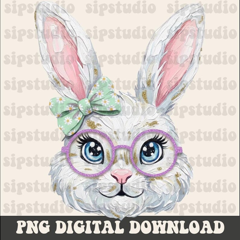 May include: A digital illustration of a white bunny with blue eyes, wearing purple glasses and a green bow. The bunny has gold glitter accents and pink inner ears. Text at the bottom reads "PNG DIGITAL DOWNLOAD".