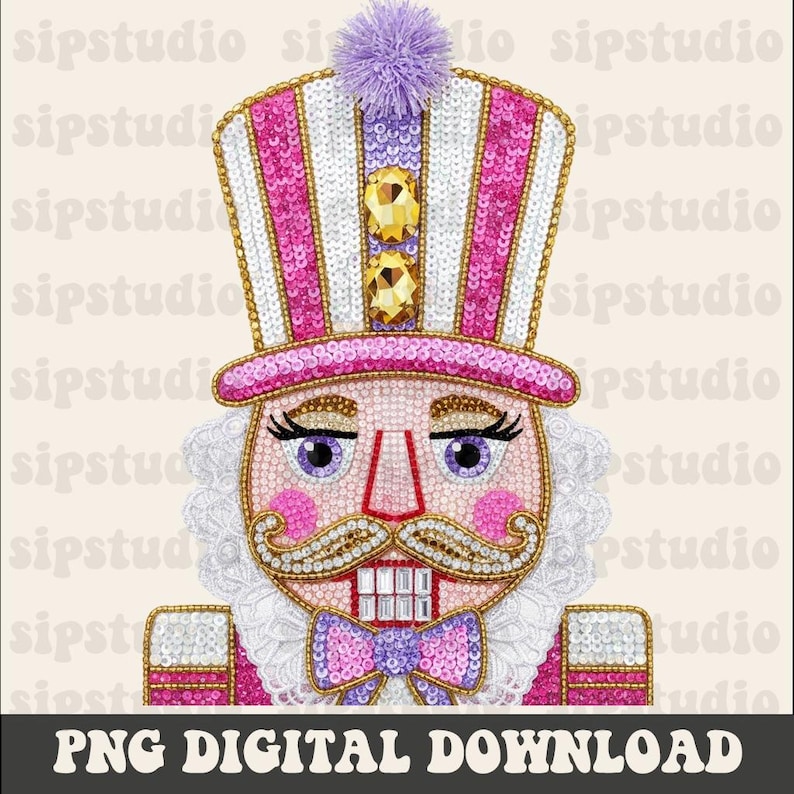May include: A digital PNG download of a decorative nutcracker. The nutcracker has a pink, white, and gold hat with a purple pom-pom. The face is embellished with sequins and rhinestones, and the text "PNG DIGITAL DOWNLOAD" is at the bottom.