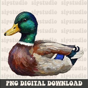 May include: A detailed illustration of a mallard duck. The duck features a green head, yellow beak, and a body with brown, gray, and blue feathers. The image has a textured, painted appearance with the text "PNG DIGITAL DOWNLOAD" at the bottom.