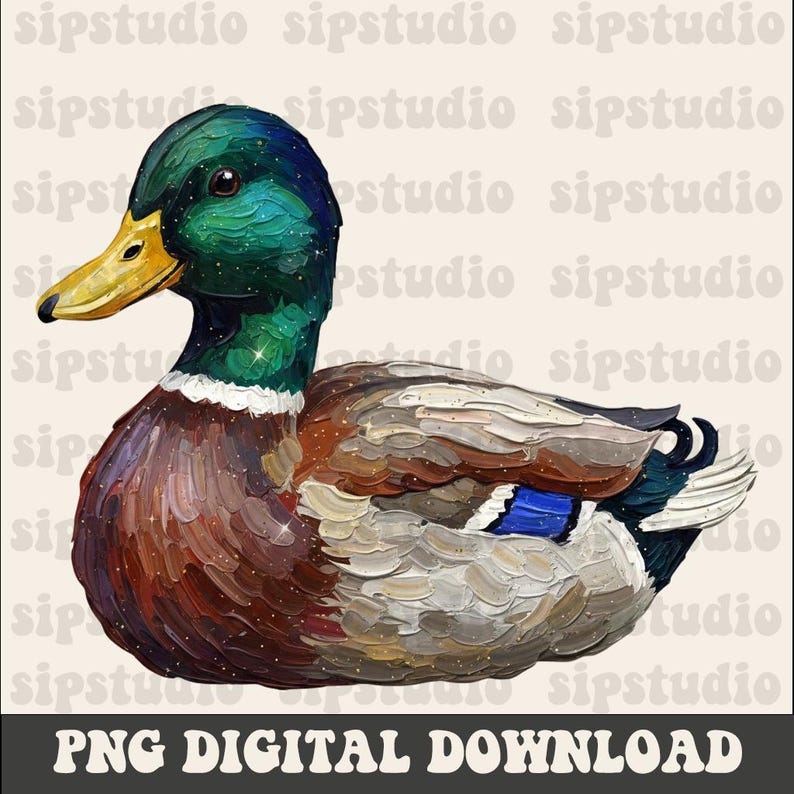May include: A detailed illustration of a mallard duck. The duck features a green head, yellow beak, and a body with brown, gray, and blue feathers. The image has a textured, painted appearance with the text "PNG DIGITAL DOWNLOAD" at the bottom.