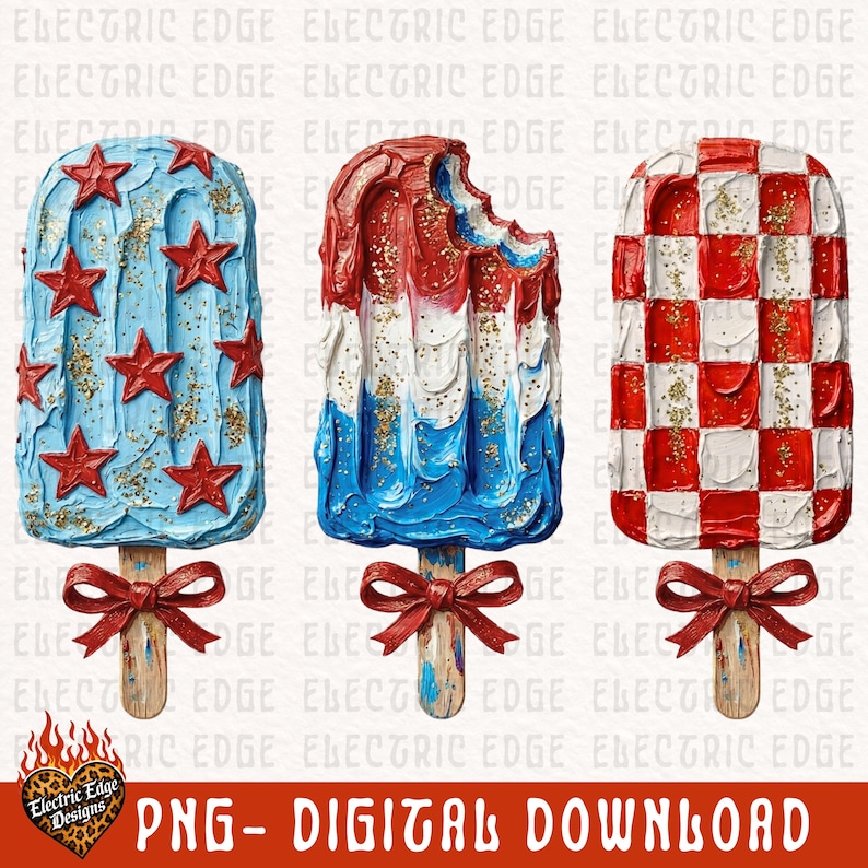 Pu&ograve; includere: Tre design decorativi di ghiaccioli nei colori patriottici. Uno &egrave; azzurro con stelle rosse, un altro &egrave; rosso, bianco e blu, e il terzo &egrave; a scacchi rossi e bianchi. Ognuno ha un bastoncino di legno e un fiocco rosso. Il testo "PNG - DIGITAL DOWNLOAD" &egrave; in basso.