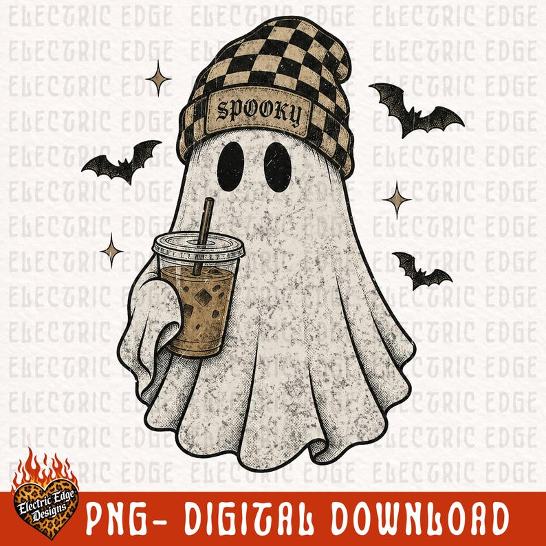 May include: A graphic illustration of a ghost wearing a tan and black checkered beanie with the word SPOOKY printed on the front. The ghost holds a clear plastic cup filled with iced coffee and a straw, surrounded by small black bats and stars.