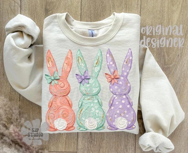 Painted Easter Bunny Trio PNG | Trendy Digital Download | Sublimation and DTF | Spring Shirt Design | Pastel Coquette Rabbits | Boutique image 5
