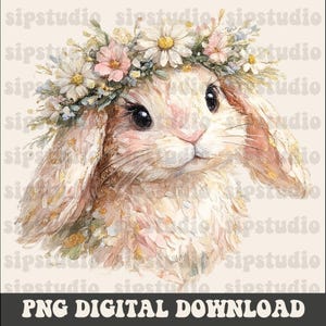 May include: A watercolor illustration of a bunny wearing a floral crown. The bunny has large, dark eyes and soft, pastel-colored fur. The crown features daisies and other small flowers. The text "PNG DIGITAL DOWNLOAD" is at the bottom.