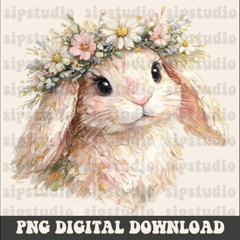 May include: A watercolor illustration of a bunny wearing a floral crown. The bunny has large, dark eyes and soft, pastel-colored fur. The crown features daisies and other small flowers. The text "PNG DIGITAL DOWNLOAD" is at the bottom.