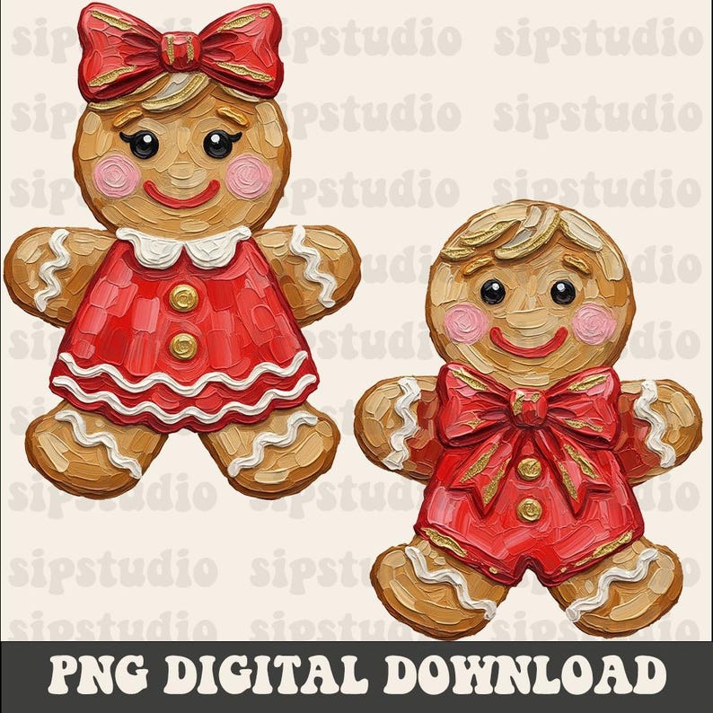 May include: Two gingerbread cookie characters, one female and one male, with red outfits and bows. The female cookie wears a red dress with a white collar and bow. The male cookie wears a red outfit with a bow. The image includes the text "PNG DIGITAL DOWNLOAD".