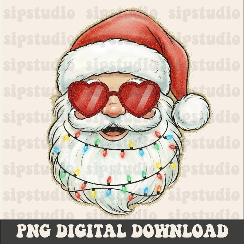 May include: A whimsical illustration of Santa Claus wearing heart-shaped sunglasses. His white beard is adorned with colorful Christmas lights. He wears a red Santa hat. The text "PNG DIGITAL DOWNLOAD" is at the bottom.