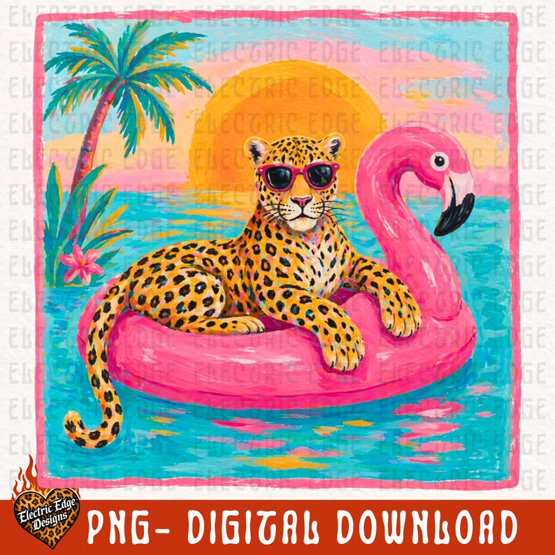 May include: A digital illustration of a leopard wearing sunglasses, lounging on a pink flamingo pool float in water. A palm tree and sunset are in the background. The text "PNG - DIGITAL DOWNLOAD" is at the bottom.