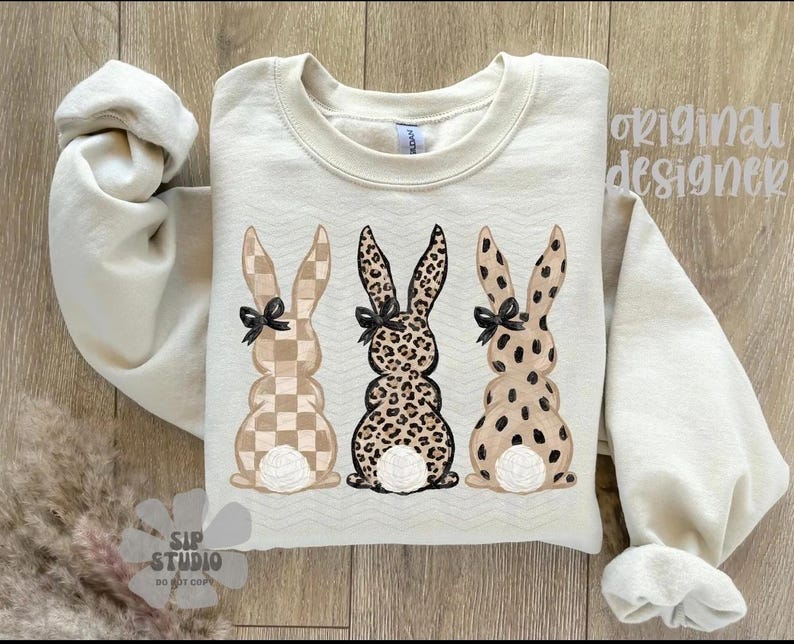 Neutral Easter Bunny PNG | Leopard Bunny Trio | Boutique Sublimation and DTF Download | Checkered Spring Shirt Design | Trendy Bow Rabbits image 3