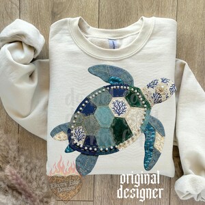 Sea Turtle PNG | Patchwork Digital Download | Summer Quilted Design | Sublimation DTF | Preppy Coastal Beach Shirt | Trendy Ocean image 3