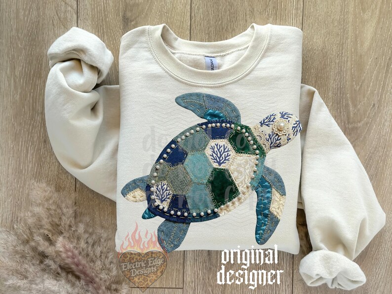 Sea Turtle PNG | Patchwork Digital Download | Summer Quilted Design | Sublimation DTF | Preppy Coastal Beach Shirt | Trendy Ocean image 3