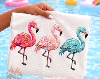 Trío de flamencos de verano PNG, descarga digital costera, diseño playero preppy, sublimación DTF, camiseta de boutique tropical, vacaciones de moda