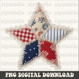 May include: A patchwork star with a white lace trim. The star is composed of fabric pieces in red gingham, blue stripes, floral patterns, and a navy blue fabric with white stars. The text "PNG DIGITAL DOWNLOAD" is at the bottom.