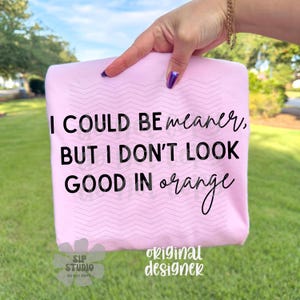 May include: A light pink t-shirt with the text "I COULD BE meaner, BUT I DON'T LOOK GOOD IN orange" in black. The shirt is held up by a hand with purple nail polish. The shirt also has the text "SIP STUDIO DO NOT COPY" and "original designer".