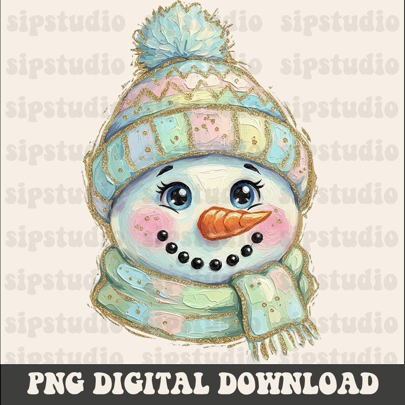 May include: A digital illustration of a snowman head wearing a pastel-colored knit hat with a pom-pom and a matching scarf. The snowman has large blue eyes, a bright orange carrot nose, and a black dotted smile with rosy pink cheeks.